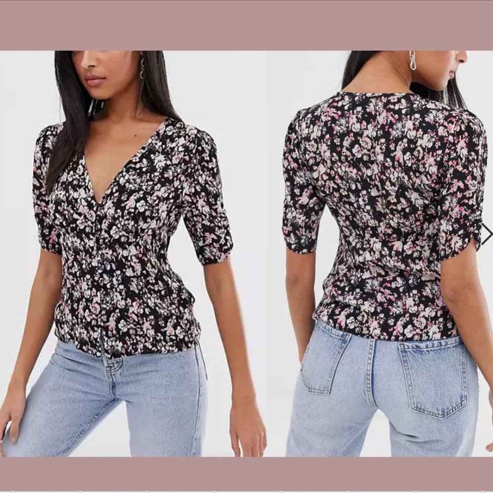 NWT $135 Allsaints [ Small ] Kota Freefall Floral Blouse Black Pink Multi #5312b